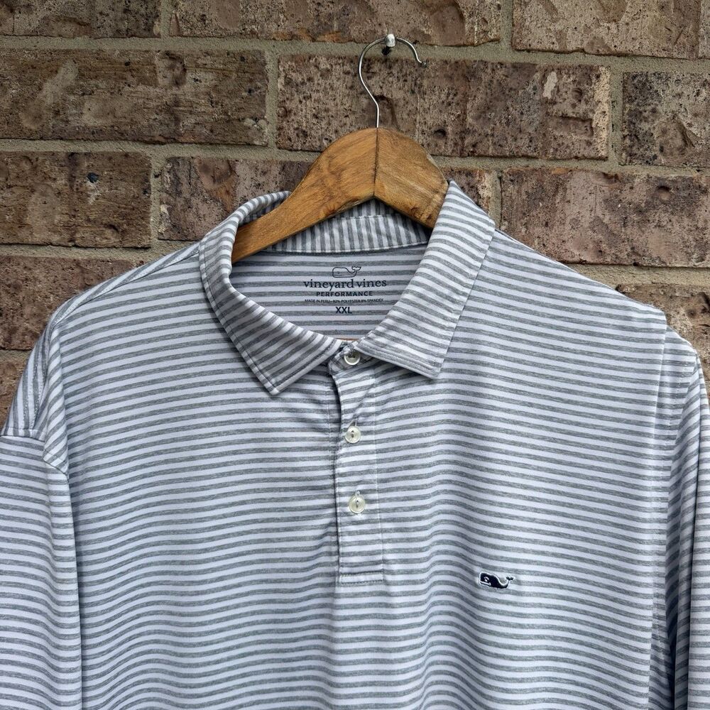 Vineyard Vines Polo Shirt Mens 2XL Gray White Striped Performance Golf Stretch
